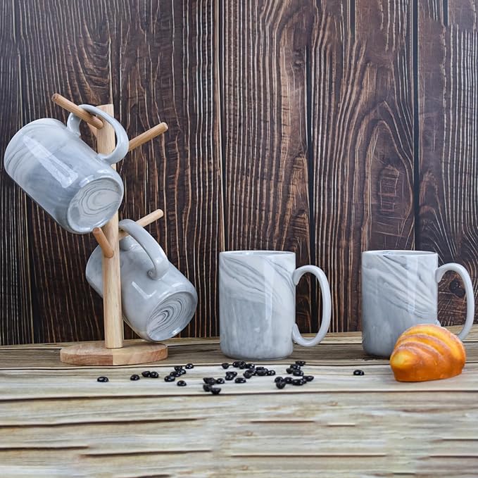 Coffee Mugs Set of 4,16 OZ Large Marble Ceramic Tea Cups with Big Handle,Bulk Grey Marble Diner Mugs Set for Latte, Beer,Cappuccino,Microwave Dishwasher Safe Cup for Men Women Gift