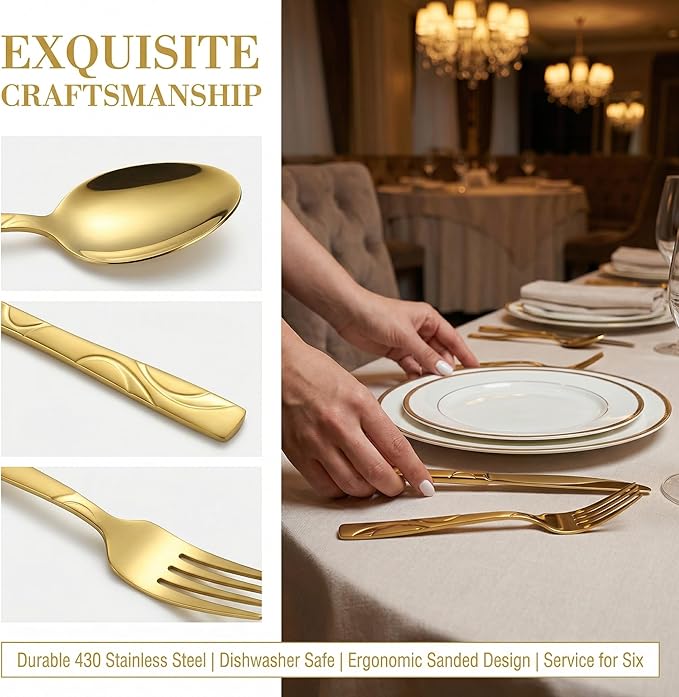 30 Pieces Gold Flatware Silverware Set, Stainless Steel Fork Spoon Knife Set Service for 6, Food Grade Cutlery Set 30-piece, Dishwasher Safe