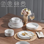 E-far 16 Piece Dinnerware Sets, Plates and Bowls with Pasta Bowls Service for 4, Modern Stoneware Ribbed Dishes for Kitchen Dining, Microwave & Dishwasher Safe, Speckled White