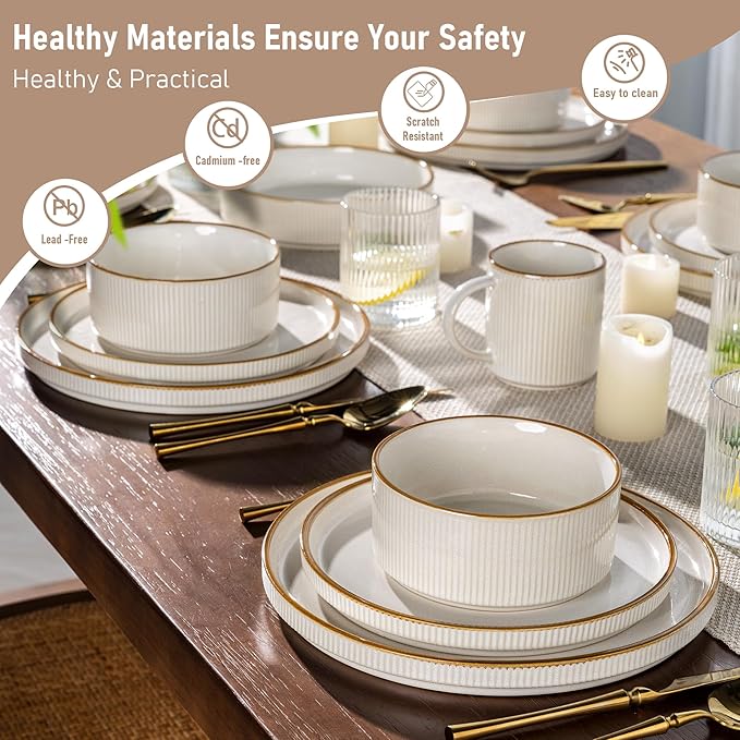 GBHOME 18-Piece Stoneware Dinnerware Set for 6 – Ribbed Ceramic Plates and Bowls, Scratch-Resistant, Microwave & Dishwasher Safe, Reactive Glaze, White with Honey-Brown Edge