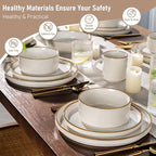 GBHOME 12-Piece Stoneware Dinnerware Set for 4 – Ribbed Ceramic Plates and Bowls, Scratch-Resistant, Microwave & Dishwasher Safe, Reactive Glaze, White with Honey-Brown Edge