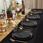 bUCLA 150PCS Black and Gold Plastic Plates - Black Gold Plastic Dinnerware Set Disposable - Include 25 Dinner / 25 Dessert Plates, 25 Knives, 25 Forks, 25 Spoons, 25 Cups, Ideal for Party & Graduation