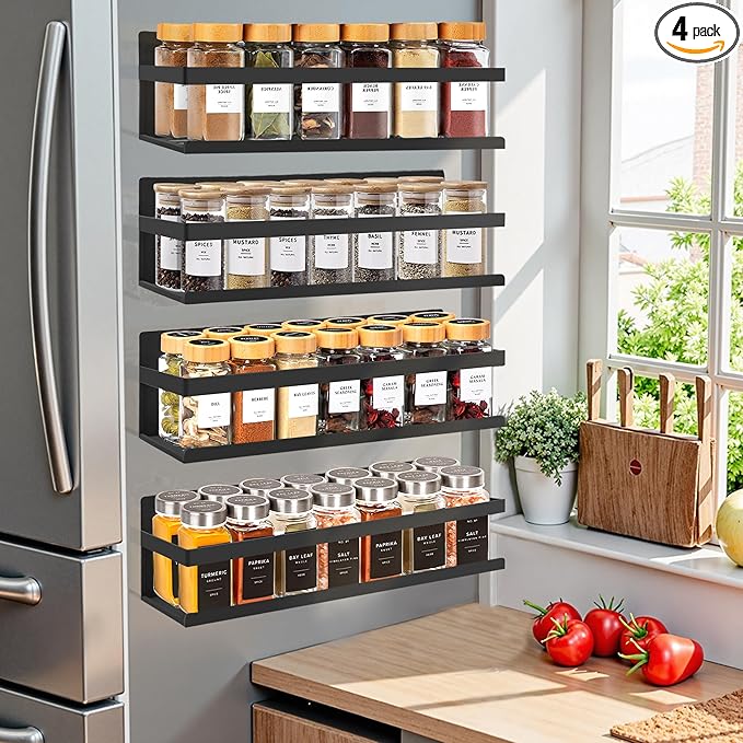 Magnetic Spice Rack for Refrigerator Seasoning Organizer for Spice Fridge Shelf storage Magnetic Shelf with Hook for Oven(6pack) (4Pack-Cut out-black)