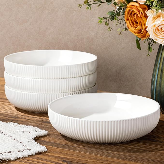 theterra 8.5'' Ceramic Pasta Bowls, Salad Bowls Set of 4, Stoneware Serving Bowls for Fruits, Noodle, Dinner, House-warming Wedding Present, Bright White