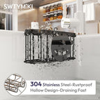 SWTYMIKI Sponge Holder for Kitchen Sink - Movable Sink Caddy with Smiley Face Sponge Holder, Rustproof Hanging Sponge Organizer in Double Bowl Sinks Depth>3.15in, Middle Divider<1.5in, Black