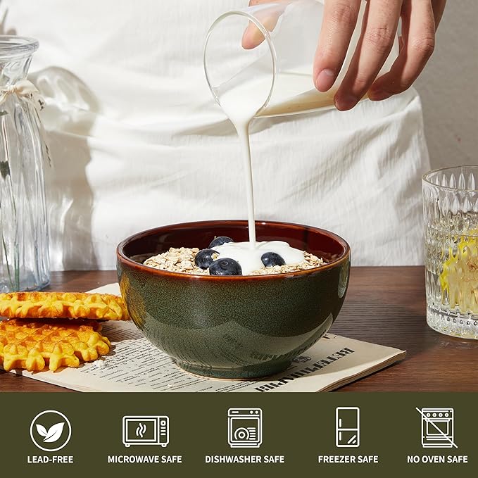Pokini 5.5" Cereal Bowls & Dessert Bowls Set of 6-22 Oz Small Bowls for Kitchen-Ceramic Bowl for Cereal, Soup, Oatmeal, Salad, Ramen, Noodle, Rice, Yogurt-Dishwasher & Microwave Safe, Brown Green