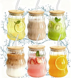 6 Packs Cute Glass Tumbler with Lid and Straw 16 oz Cute Ice Coffee Cup Set Bulk Vasos de Vidrio Con Tazas Para Cafe Cocina Accesorios Home Bar Accessories New Home House Warming Gift Kitchen Stuff