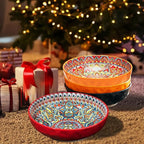 Boho Large Serving Bowls, 10.2 Inch Fruit Salad Bowls, Decorative Serving Dishes for Entertaining, 80 OZ Pasta Bowls Set of 2, Vibrant Colorful Soup Bowls for Party, Home Decor, Bohemian Style Gift