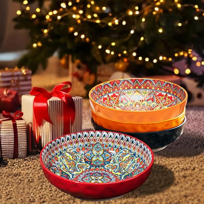 Boho Large Serving Bowls, 10.2 Inch Fruit Salad Bowls, Decorative Serving Dishes for Entertaining, 80 OZ Pasta Bowls Set of 2, Vibrant Colorful Soup Bowls for Party, Home Decor, Bohemian Style Gift