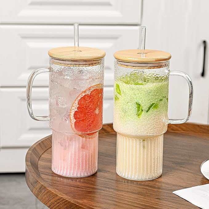 32oz Ribbed Glass Cup with Handle Lid and Straw, Borosilicate Glass Tumblers, Iced Coffee Cups Modern Glass Mug Hot/Cold Drinks for Smoothies, Tea, and Juice (clear-1 Pack-Bamboo Lid)