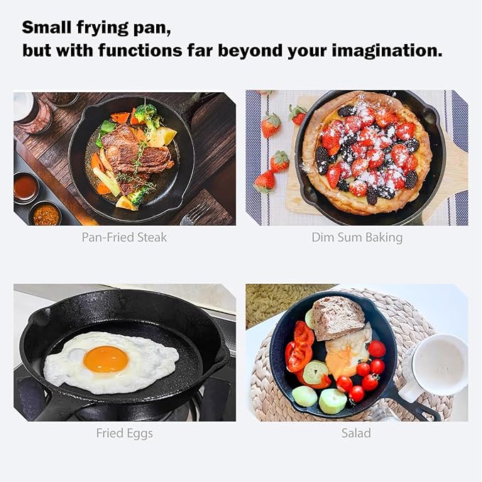 4 Inch Mini Cast Iron Skillet With Handle Hanging Hole Uncoated Oven Safe Small Pan Cookware Casserole Dish For Kitchen Indoor Outdoor Picnic (4×4×1 inch)