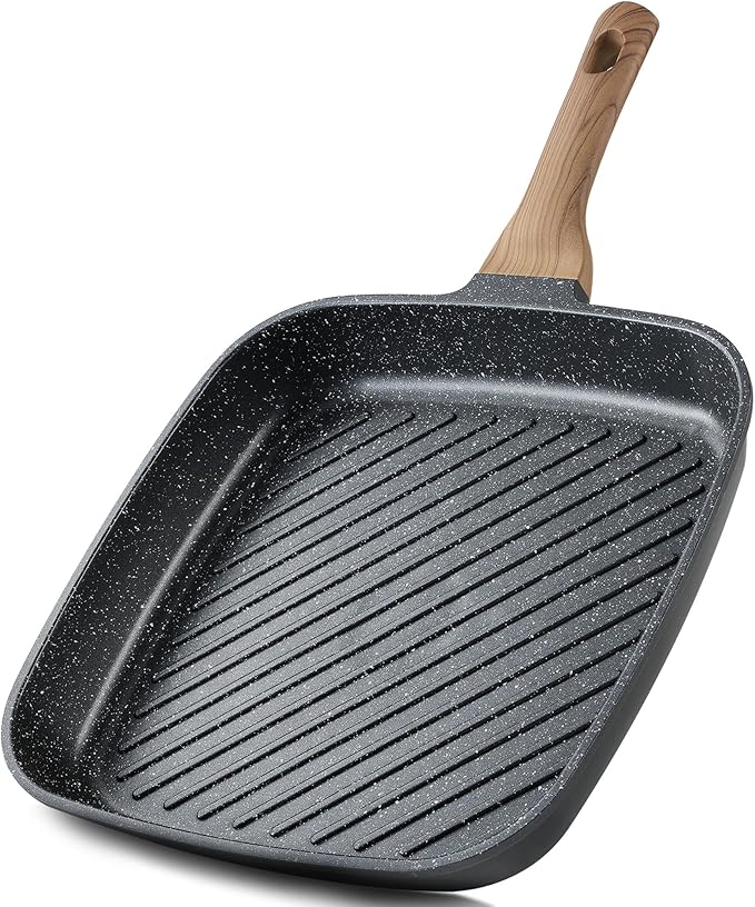 CAROTE 11 Inch Nonstick Grill Pan for Steak - Premium Granite Nonstick Coating, Square Grill Skillet, Indoor Outdoor RV Camping Use, Gas & Induction Safe, All Stovetops Compatible, PFOA Free, Black