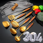 Gold Kitchen Utensils Set with Wooden Handle, 6 PCS Professional Stainless Steel Cooking Utensils Set, Wok Spatula, Ladle, Skimmer, Slotted Spatula Turner, Spaghetti Spoon, Large Spoon