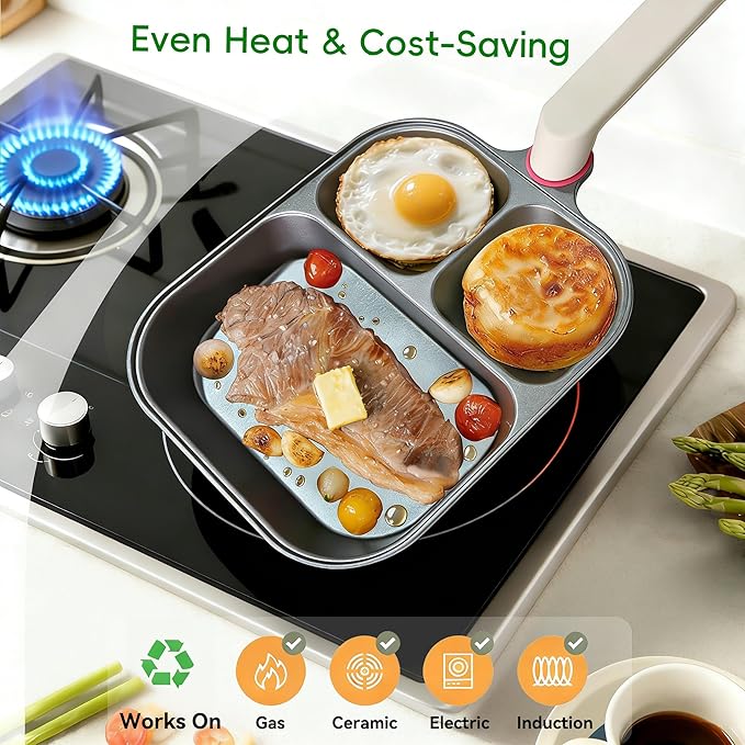 Titanium Nonstick Egg Pan 9.25" - 2 Round & 1 Square Compartments, PFOA/PTFE Free, Works on Gas/Induction/Electric Stovetops, Cooks Bacon, Pancakes & Eggs Simultaneously