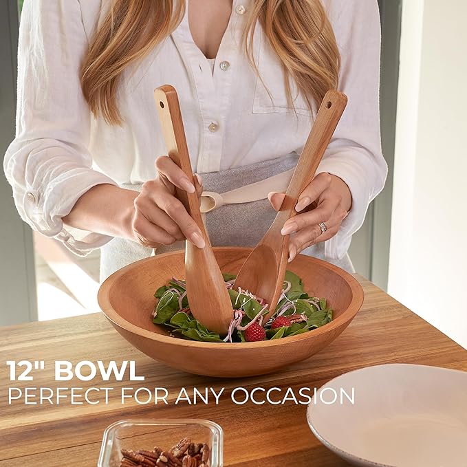 Extra Large Wooden Salad Bowl Set With Serving Utensils - A Beautiful Party Salad & Fruit Bowl With Serving Spoons Perfect for Your Dinner Party - Decorative & Practical Kitchen Must-Have