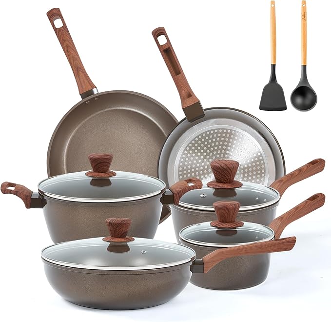 12Pcs Pots and Pans Set, Nonstick Cookware Sets, Non Stick Pots and Pan Set with Frying Pans, Saucepans, Steamer Silicone Shovel Spoon