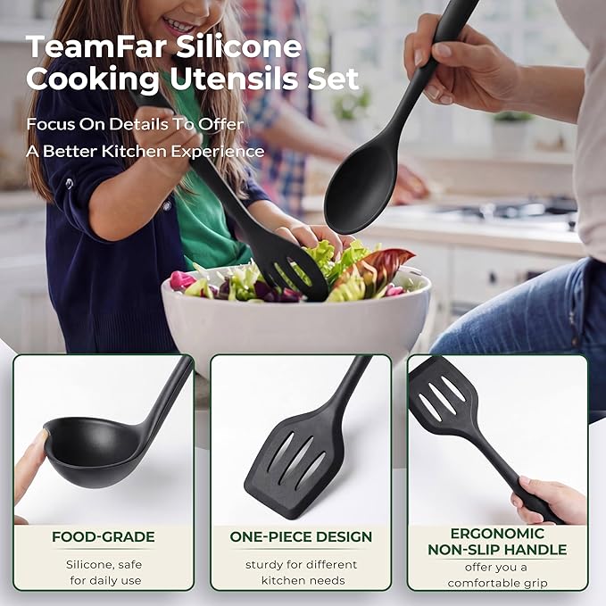TeamFar Silicone Cooking Utensils Set of 6, Heat Resistant Kitchen Utensils, Spatula Ladle Spoon Pasta Server for Non-stick Cookware, Non-Toxic & One-Piece, Non-Scratch & Dishwasher Safe, Black