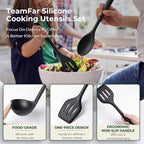 TeamFar Silicone Cooking Utensils Set of 6, Heat Resistant Kitchen Utensils, Spatula Ladle Spoon Pasta Server for Non-stick Cookware, Non-Toxic & One-Piece, Non-Scratch & Dishwasher Safe, Black