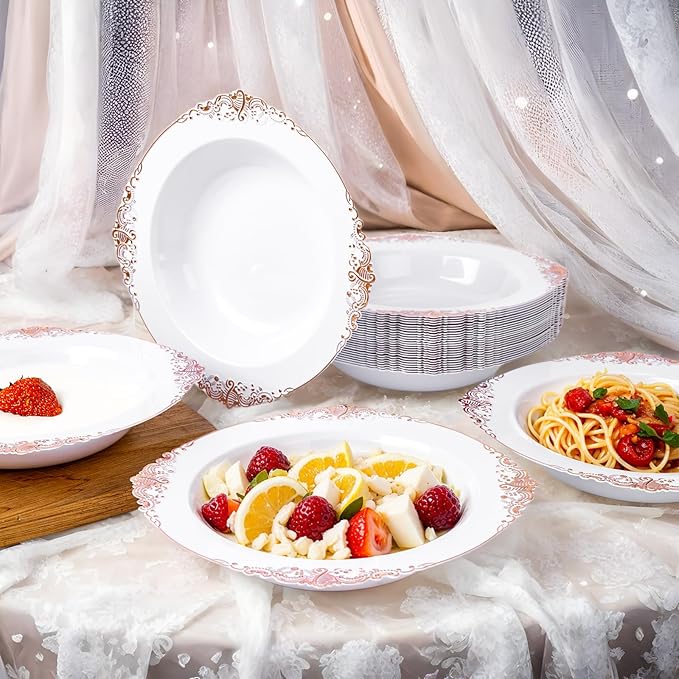 100PCS Rose Gold Plastic Bowls - 12 oz Disposable Salad Bowls - Heavy Duty Disposable Soup Bowl - Fancy Plastic Ice Cream Bowl for Weddings Parties Catering Picnics Mother‘s Day