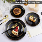 175 Pieces Black Gold Plastic Dinnerware Set, Gold Disposable Plates for Party, Include 50 Black Plates with 75 Plastic Cutlery, 25 Napkins and 25 Cups