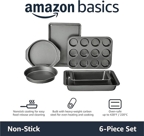 Amazon Basics 6 Piece Nonstick Carbon Steel Bakeware Set with Cake, Muffin, Cookie, and Loaf Pans, Easy Release, Oven Safe, 16.25 x 11.75 x 6.25 inches