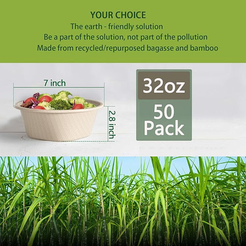 32 Oz Deep Paper Bowls Disposable Bowl - Disposable Heavy Duty Compostable Bowls, Eco-friendly Sugarcane Bagasse Biodegradable Bowl for Soup, Salad, Dessert, Ice Cream [50 Pack without Lds]