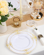 Nervure 175PCS Gold Plastic Plates - Disposable White Gold Party Plates & Pre Rolled Napkins with Cutlery for 25 Guests, 50Plates, 75Silverware, 25Cups, 25Napkin for Wedding & Party