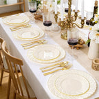 YOUBET 125PCS Scalloped Plastic Plates - Ivory Scalloped Disposable Plates - Gold Plastic Dinnerware Set Include 50 Plates, 75 Gold Silverware for Party & Wedding