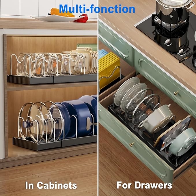 2 Pack Pots and Pans Organizer under Cabinet, 22" Expandable Food Storage Container Lid Organizer with 9 Adjustable Stainless Steel Dividers, ABS Base, Countertop Rack, Black