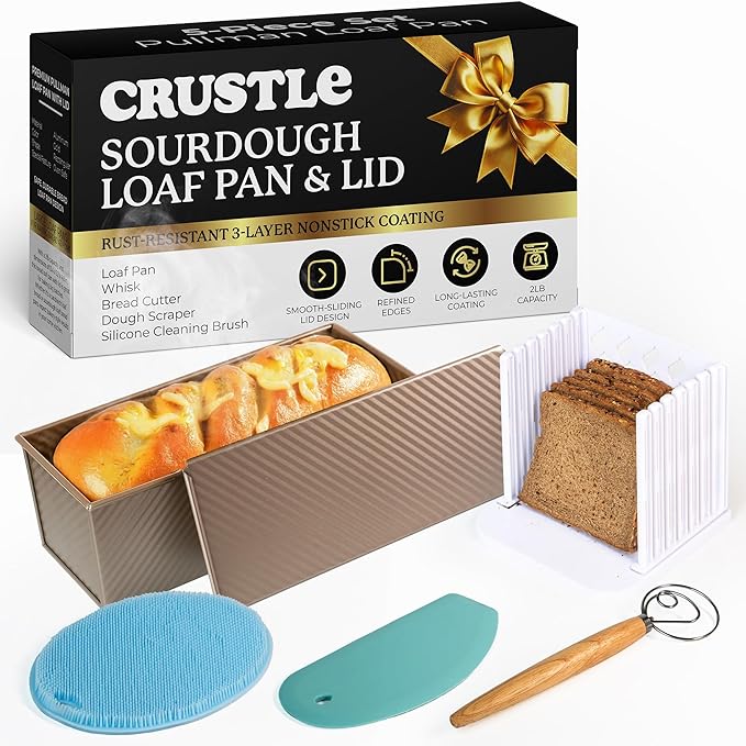 5-Pack Pullman loaf pan with Lid – Sourdough Loaf Pan Set, Includes Dough Scraper, Whisk, Silicone Cleaning Brush & Bread Cutter – Long Loaf Pan with Lid for Homemade Loaf
