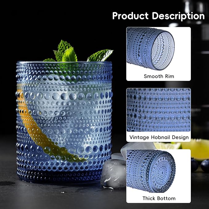 Moretoes Hobnail Drinking Glasses Set of 6, 12 Oz Highball Glasses & 10 Oz Cocktail Glasses, Clear Embossed Boho Glass Cups Kitchen Bar Tumbler Glassware Set for Whiskey, Beer, Juice, Milk (Blue)