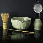 Matcha Whisk Set 7 Pcs - Ceramic Matcha Set with Bowl, Whisk, Holder, Bamboo Scoop, Rest, Sifter, and Tea Towel – Elegant Matcha Kit Gift for Women