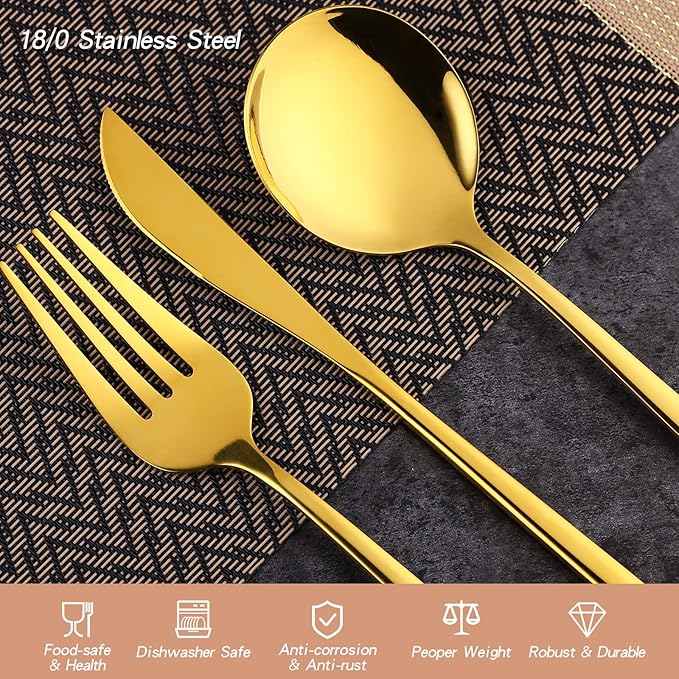30-Pieces Gold Flatware Set, Gold Silverware Set for 6,Tableware Fine Dining Utensil Set Include Knives Forks and Spoons,Circular Fine Handle Cutlery Decorate Wedding Mirror Polished,Dishwasher