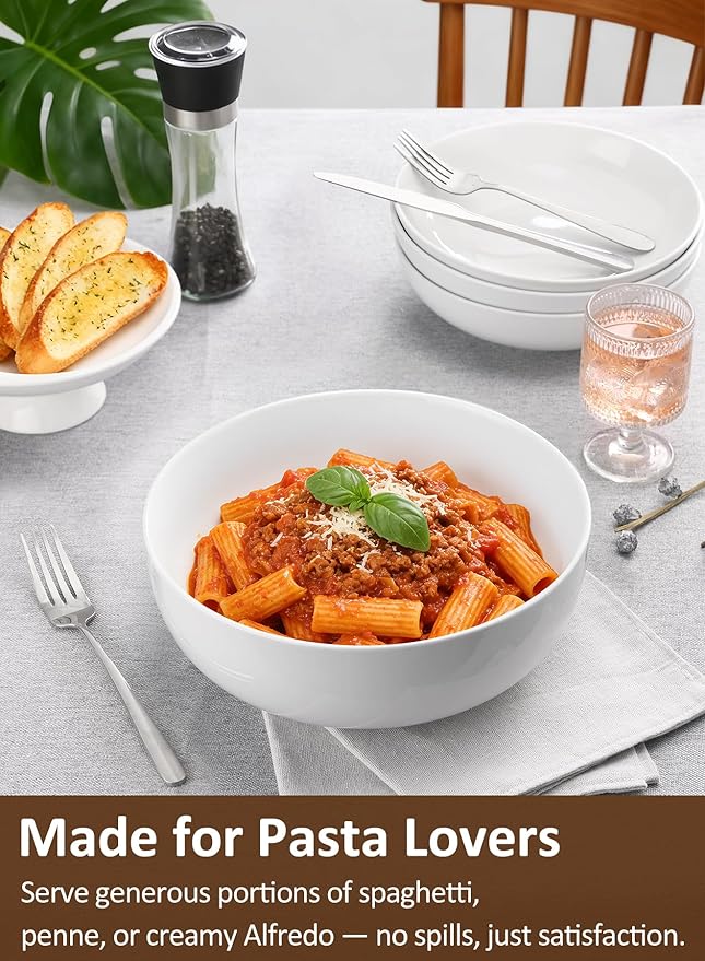 Yedio Pasta Serving Bowls 120 Ounce 9.7” Large Serving Bowls, Porcelain Salad Bowls for Kitchen, Big White Soup Bowls, Oven Dishwasher Safe, Set of 2
