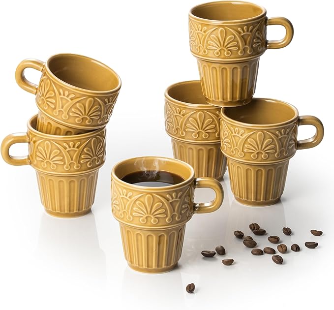 Cappuccino Cups, Espresso Cups, Stackable Mug Set of 6, Ceramic Coffee Mug 6 OZ Khaki for Hot Drinks Milk Dessert, Suitable for Home office Restaurant, Perfect for Holiday & Housewarming Present