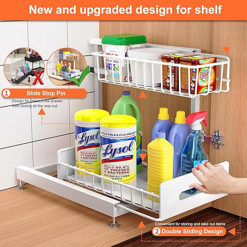 2 Pack Under Sink Organizer, Pull Out Cabinet Organizer 2 Tier Slide Out Sink Basket Drawer Sink Shelf Cabinet Storage Shelves ,Adjustable L Shape Counter Organization for Kitchen Bathroom , White