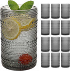 Moretoes Hobnail Drinking Glasses Set of 12,12 Oz Highball Glasses Embossed Boho Water Glass Cups Kitchen Bar Tumbler Glassware Set for Whiskey, Beer, Juice, Milk and Various Mixed Drinks (Gray)