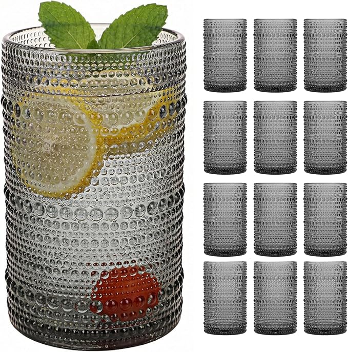 Moretoes Hobnail Drinking Glasses Set of 12,12 Oz Highball Glasses Embossed Boho Water Glass Cups Kitchen Bar Tumbler Glassware Set for Whiskey, Beer, Juice, Milk and Various Mixed Drinks (Gray)