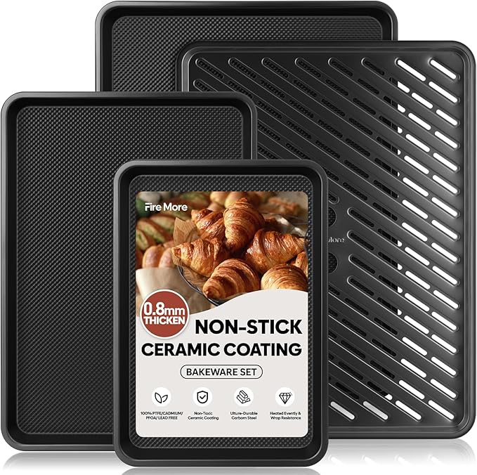 Cookie Sheets for Baking with Cooling Rack Set of 4, 0.8mm Thick Nonstick Baking Sheets for Oven, Half/Quarter/Jelly Roll Pans Oven Trays, Heavy Duty Baking Pan Set with Diamond Texture