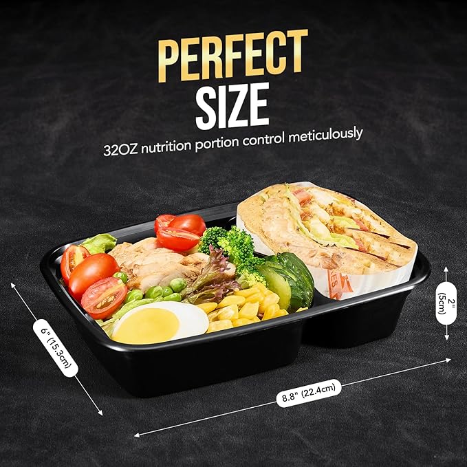 Glotoch 32oz 2 Compartment Meal Prep Container Microwave Safe, Food Prep Containers With Lids For Lunch/Deli/Takeout/Leftover, BPA-Free Freezer & Dishwasher Safe