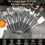10 Piece Stainless Steel Cooking Utensils Set - 18/0 Heavy Duty Kitchen Tools for Grilling & Serving (Grey)