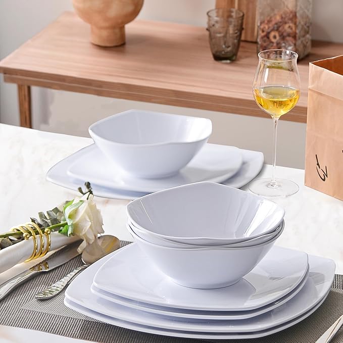 Melamine Dinnerware Sets, Square Dinnerware Sets, White Color Plates and Bowls Sets for 4, Unbreakable Dishwasher Safe BPA Free