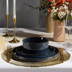 E-far 24-Piece Stoneware Dinnerware Sets, Plates and Bowls Sets for 8, Kitchen Dinning Porcelain Ribbed Dishes Set, Chip & Scratch Resistant, Dishwasher & Microwave Safe, Midnight Blue