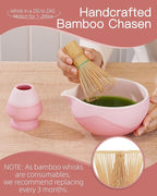 ZENS Matcha Whisk Set, Ceramic Matcha Kit Set Includes Matcha Bowl, Matcha Whisk and Holder, Bamboo Scoop & Holder, 304 Sifter and Tea Mat - 6Pcs Matcha Kit for Matcha Lovers-Pink