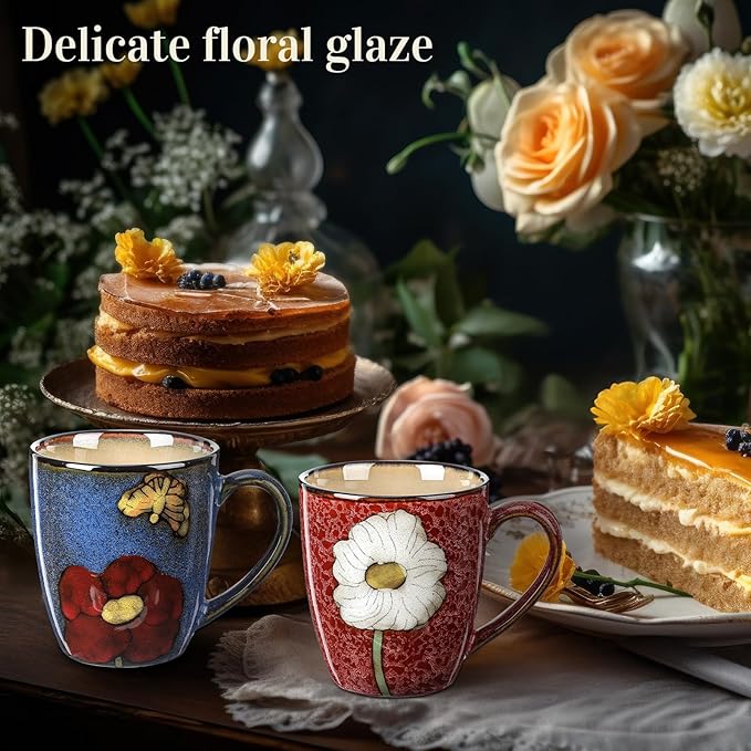 Maxdot 2 Pcs 12oz Ceramic Coffee Mugs Sets Glazing Process Cappuccino Mug Floral Ceramic Tea Cups Mother's Day Idea Gift for Women Mom Porcelain Cup for Coffee, Cocoa, Tea, Latte (Rustic)