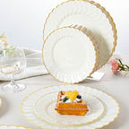 Lullaby 96PCS Ivory Scalloped Plastic Plates with Gold Rim, Disposable Elegant Plates Include 48pcs Dinner Plate 10.25", 48pcs Dessert Plate 7.5", Perfect for Daily Use, Wedding and Party