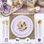 DaYammi 150Pcs Purple Plastic Plates with Gold Rim,Disposable Plastic Plates Include 30 Dinner Plate,30 Salad Plate,30 Forks,30 Spoons,30 Knive,Purple Disposable Platos for Party Wedding Mother's Day