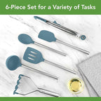 Tovolo Silicone Cooking Utensil Set of 6 Blue Slate Ladle Slotted Turner Tongs Flex Core Spatula Scraper Mixing Spoon and Potato Masher, Dishwasher Safe BPA Free Silicone Kitchen Utensils