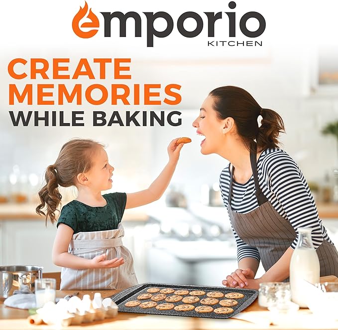 Stackable Baking Pan Set - Deluxe Nonstick Gray Marble Coating, Carbon Steel Bakeware Sets, PFOA, PFOS, PTFE Free, Recipe Booklet Included, Oven Safe (Up to 450°F), Set of 7