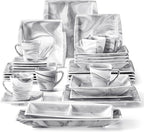 MALACASA Dinnerware Sets, 32 Pieces Porcelain Plates and Bowls Sets for 6, Marble Grey Dishes with Plates and Bowls, Cups and Saucers, Side Dish Plates, Square Dinner Set, Series Blance